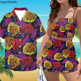 Work Dresses 2024 Women Sexy Backless Top Short Dress Suit Match Men Shirts Tropical Monstera Deliciosa Design Couple Outfits Set