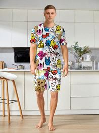 Mens fashionable casual style Pyjamas home clothing cartoon printed hiphop short sleeved shorts twopiece set for couples 240428