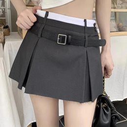 Skirts HOUZHOU Belt Pleated Mini Skirt Women Korean Style Preppy Summer Patchwork High Waist Casual A-line Shorts Streetwear