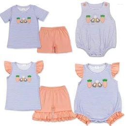 Clothing Sets GSSO0373 Embroidered Carrot Blue And White Striped Short Sleeve Orange Shorts Suit Easter Boy Girls