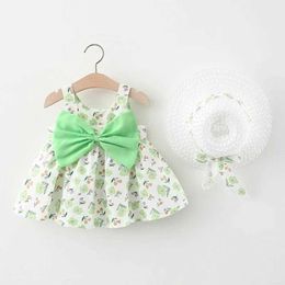Girl's Dresses 2Pcs Summer Baby Girl Dress New Cute Little Flower Big Bow Cotton Cloth Skirt Comes with Beach Hat Childrens Clothing