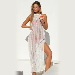 Sexy Hollow Out Beach Knit Dress Women Sleeveless Swimwear Crochet Swimsuit Bikini Cover Up Vestidos Female Bathing Suit