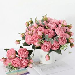 Decorative Flowers 30cm Length 9Heads Simulation Roses Peony 6 Color Artificial Silk Bouquet Wedding Party Home Decoration Pography Prop
