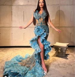 Evening dress Kylie jenner vestido de fiesta Abito da ser das Abendkleid die Mermaid Blue Sweetheart Feather Long sleeve Nigeria Fashion Yousef aljasmi
