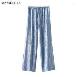 Women's Pants KEYANKETIAN 2024 Launch Aluminium Foil Coated Textured Straight-leg Fashion Elastic Waist Thin Long Trousers