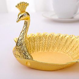 Decorative Figurines Gold Peacock Metal Plate Dish Candy Trinket Jewellery Fruit Snack Serving Tray Storage Home Tableware