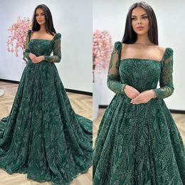 Emerald Green Crystal Evening Dresses Elegant A Line Turkey Prom Dress Beaded Long Sleeves Illusion Formal Party Gowns 0516