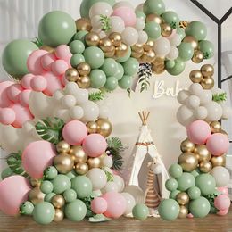 Party Balloons Grey green pink balloon garland suit135pcs olive green powder blusher pink sand white metal gold balloon party decoration