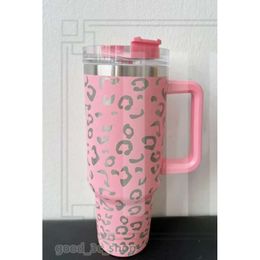 Quencher 40oz Tumbler Tie Dye Light Blue Pink Leopard Handle Lid Straw Beer Stanely Cup Bottle Powder Coating Outdoor Camping Cup Neon White 826