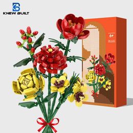 Blocks KNEW Built Flower Bouquet 3D Model Toy Mini Block Girl Plant Pottery Assembly Brick Decoration Holiday Girl Friend Gift WX