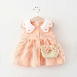 Girl's Dresses 2024 Summer Newborn Dress Fashion Print Doll Collar Cute Princess Beach Flowers Dresses+Bag Little Girls Heart Plaid Clothing