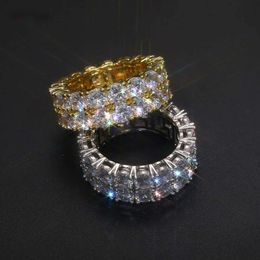Moissanite Diamond Iced Out eternity Ring Men Women High Quality Gold Plated Rapper Rock Hip Hop Fashion Jewelry 2 Rows Cuban chain Rings
