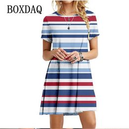 Basic Casual Dresses Colourful Striped Print Dress Fashion Round Neck Short Slve Ladies Loose Summer Beach Dresses Casual Oversized Women Clothing Y240515
