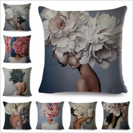 Pillow Harajuku Aesthetics Cover Decor Sexy Flowers Feather Lady Print Pillowcase For Sofa Home Car Polyester Case 45x45