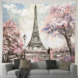 Tapestries Romantic Couple Lovers Tapestry Eiffel Tower Big Ben Wall Hanging Maple Rose Decorated Home Bedroom Living Room Dorm