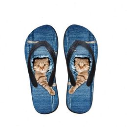 Pet Customised Cute Denim Cat Printed Women Slippers Summer Beach Rubber Flip Flops Fashion Girls Cowboy Blue Sandals Shoes 43si# b99a