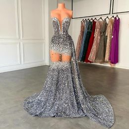 Party Dresses Long Sparkly Prom 2024 Luxury Sexy See Through Mermaid Silver Diamond Black Girls Gala Formal Gowns With Side Train