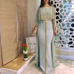 Moroccan Kaftan Evening Dresses With Cape Mermaid Formal Event Gowns Gold Appliques Crystals Beaded Prom Wear for Arabic Dubai 214m