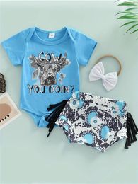 Clothing Sets 3pcs Adorable Baby Girls Cow Print Short Sleeve Onesie & Fringe Shorts Outfit Set With Matching Hair Accessories - Soft Trendy