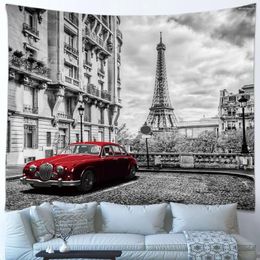 Tapestries Vintage Paris Tower Tapestry Black And White Architecture Red Retro Car Nature Landscape Home Living Room Bed Decor Wall Hanging