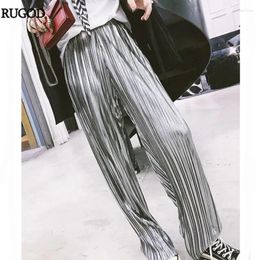 Women's Pants RUGOD Chic Silver Long Pleated Women Fashion High Elatic Waist Thin Trousers Summer Girls' Slim Plus Size