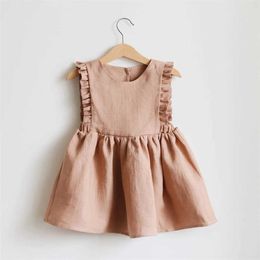 Girl's Dresses 2023 Summer Baby Girls Cotton Dress Linen Plain Pattern Ruffle Free Fashionable Baby Clothing WX