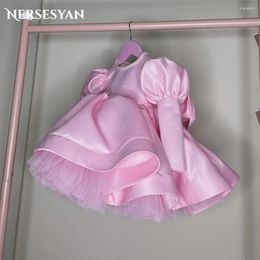 Girl Dresses Nersesyan Pink Pearls Baby Birthday Party Gowns A-Line Puff Sleeves Inside Tulle Flower For Wedding Gift Solid 2024