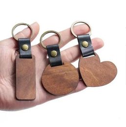 DIY Wooden Keychain Blank Carved Leather Wood Keychain Pendant Luggage Decorative Heart Round Key Chain Keyring Gift Wholesale price