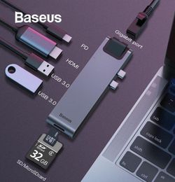 Baseus Dual Type-C 7in1 USB 3.0 Type C HUB RJ45 Adapter for MacBook Pro OTG HUB USB Splitter 3.0 PC Computer Accessory2477176