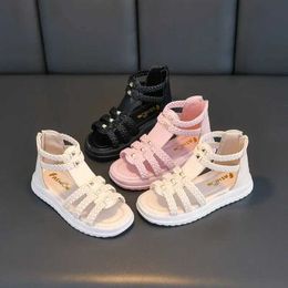 Sandals Girls Sandals Summer 2024 New Open-toe Princess Soft Weave Simple Korean Style Breathable Kids Fashion Roman Style GLADIATOR Y240515