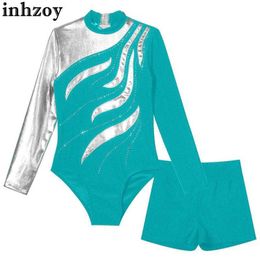 Dancewear Kids Girls 2Pcs Ballet Dance Gymnastics Outfit Dancewear Long Sleeve Shiny Rhinestone Patchwork Leotards with Shorts CostumeL2405