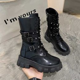 Boots WOMEN ANKLE BOOTS Goth Woman Winter 2024 Platform Shoes Sneakers Studded Belt Buckle Punk Army Chunky Heels Mid Calf H240516