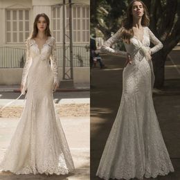 Elegant Mermaid Wedding Dress Lace Appliques Sparkly Sequins V Neck Long Sleeves Bridal Gown Floor Length Vestidos De Noiva