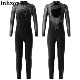 Tanzkleidung Kinder Mädchen Figuren Skating Jumpsuit Ballett Tanz Lotard Akrobatische Gymnastik Performance Kostüm Langarm Strass BodySuitl240502