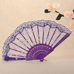 Decorative Figurines Plastic Handle Ladies Lace Hand Fan Craft Rose Pattern Handheld Folding Translucent Dance Gift