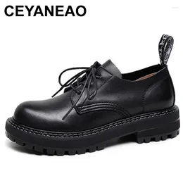 Casual Shoes CEYANEAO Retro Winter Woman Platform Genuine Leather Oxford Female Lace Up Warm Flats