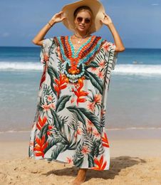 Kaftan Dresses Tropical Printed Cover Ups For Swimwear Women Elegant Maxi Robe Holiday Bathing Suits Vestidos Longos Kimono