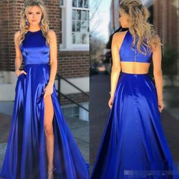 Royal Blue Two Piece Prom Dresses 2020 Newest Satin Side Slit Sweep Train Custom Made Formal Occasion Wear Evening Party Gown 285b