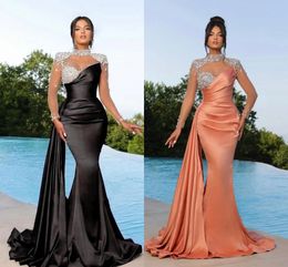 Elegant Black Mermaid Evening Dresses Beaded High Collar Party Prom Dress Illusion Long Sleeves Pleats Long Dress for special occasion