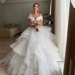 Sparkly Cascading Ruffles Ball Wedding Dresses Off the Shoulder Glitter Bridal Gown Beading Top Arabic Dubai vestidos de mariage 0516