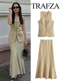 Work Dresses TRAFZA Women Fashion Skirts Suits Khaki V-Neck Sleeveless Pockets Single Breasted Waistcoats High Waist Asymmetrical Slim Skirt