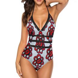 Women's Swimwear Red Flower Black Mesh Swimsuit One Piece Backless Sexy Beach Wear Summer Bathing Suits