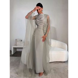 Elegant Grey Womens Prom Dresses with Jacket Draped High Neck Bodycon Formal Dress Beaded Two Pieces Saudi Arab Eveing Party Gowns 0516