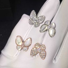 Vaned Ring Charm Design Double Butterfly Natural Fritillaria Shell Inlaid with Full Diamond S925 Silver Open Live Sweet Luxury Gift with original logo box