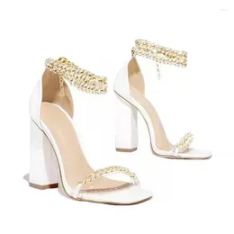 Dress Shoes Peep Toe Rhinestones Fashion Sandals Women Chain Ankle Wrapping High Heels For Sexy Pumps Heel Plus Size 35-43