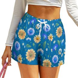 Women's Shorts Retro Flower Yellow Blue Floral Oversized Street Wear Elastic Waist Night Club Short Pants Female Pockets Bottoms