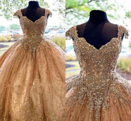 Modern Champagne Quinceanera Dresses Tulle Lace Crystal Beads Sweeteart Corset Back Bling Prom Ball Gowns Sweet 16 Dress Custom Made BC18861