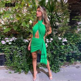 Party Dresses OEING Sexy Green Short Mini Prom Cocktail Dress Pleats Halter Sleeveless Summer Evening Beach Gowns 2024