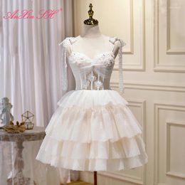 Party Dresses AnXin SH Princess White Flower Lace Spaghetti Strap Bow Beading Crystal Bride Short Evening Dress Little