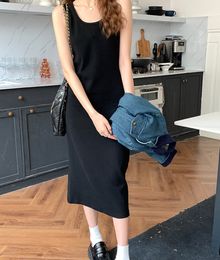 2024 spring and summer in the long black crew-neck sundress bag hip skirt skinny temperament Korean dress woman